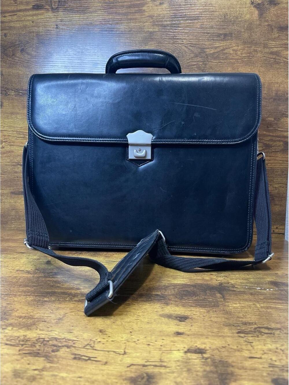 Vintage Black Leather Briefcase Hard Case Combination Lock Shoulder Strap